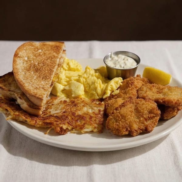 A breakfast plate with scrambled eggs, hash browns, toast, fried fish, tartar sauce, and a lemon wedge.