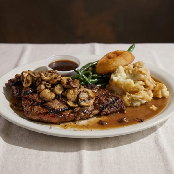 Grilled steak topped with mushrooms, mashed potatoes, green beans, and an onion ring.