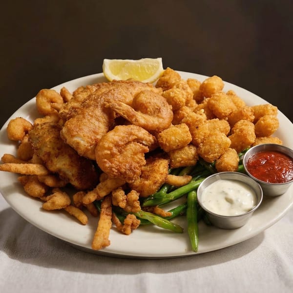 A large platter of golden-fried shrimp, fish, and clam strips with green beans, lemon, and dipping sauces.