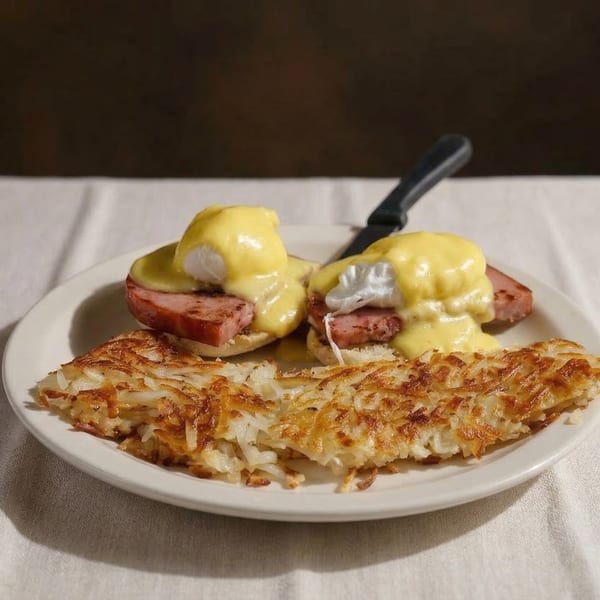 Eggs Benedict with thick ham and hash browns on a white plate at Taylor Station Restaurant.