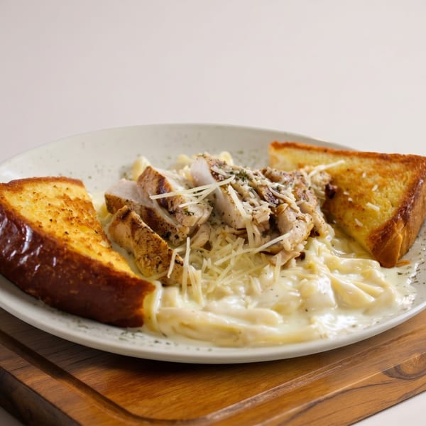 Creamy Alfredo pasta with grilled chicken, shredded cheese, and two slices of garlic bread.