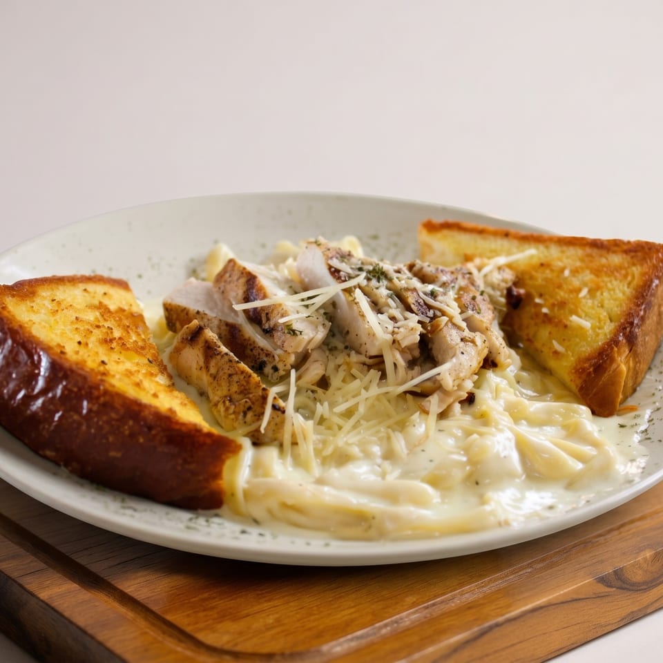 Creamy Alfredo pasta with grilled chicken, shredded cheese, and two slices of garlic bread.