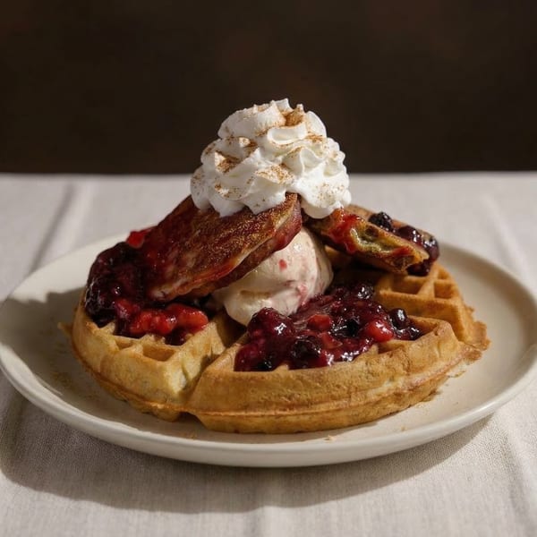 A waffle topped with berry compote, ice cream, whipped cream, and cinnamon on a white plate.