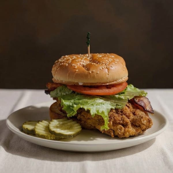 Crispy fried chicken sandwich with lettuce, tomato, bacon, and pickles on a white plate.