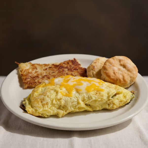 A cheesy omelet, hash browns, and two biscuits on a white plate, ready to be served.