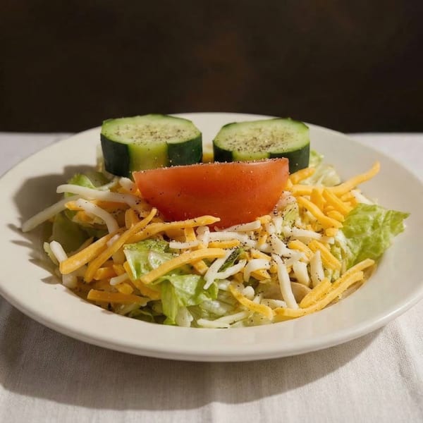 A side salad with lettuce, shredded cheese, a tomato wedge, and two cucumber slices.