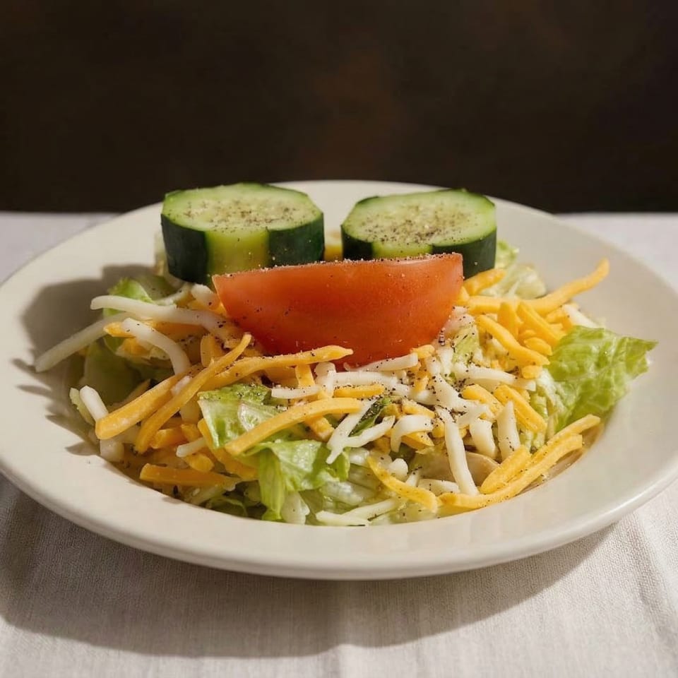 A side salad with lettuce, shredded cheese, a tomato wedge, and two cucumber slices.