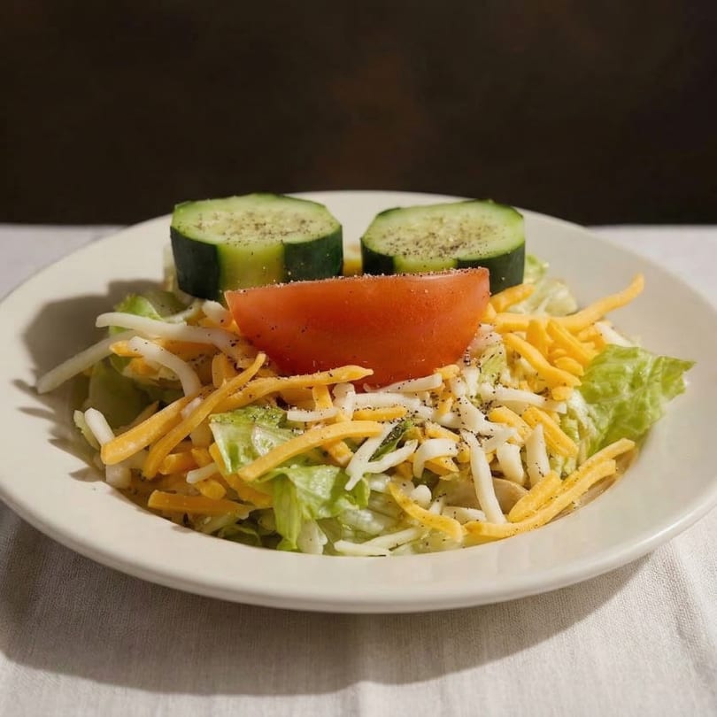 A side salad with lettuce, shredded cheese, a tomato wedge, and two cucumber slices.