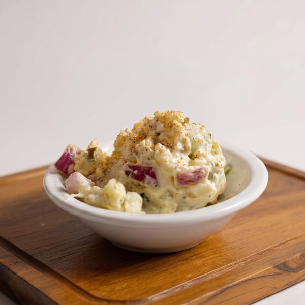 Creamy potato salad with red onion and spices in a white bowl on a wooden board.
