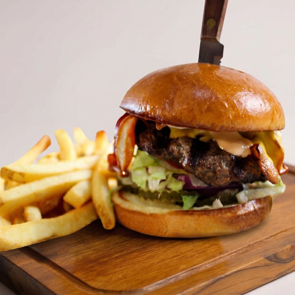 Gourmet burger with bacon, cheese, lettuce, and sauce, skewered with a knife, served with fries.