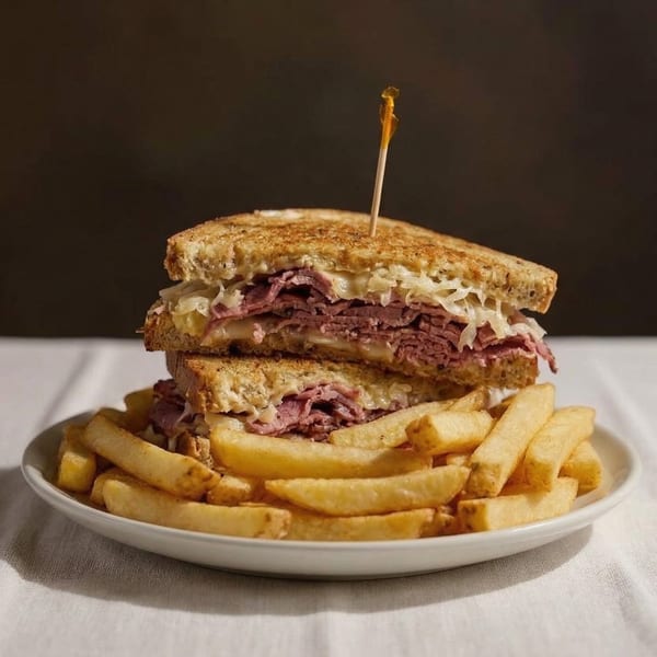 A Reuben sandwich with corned beef, sauerkraut, and cheese, served with a side of fries.